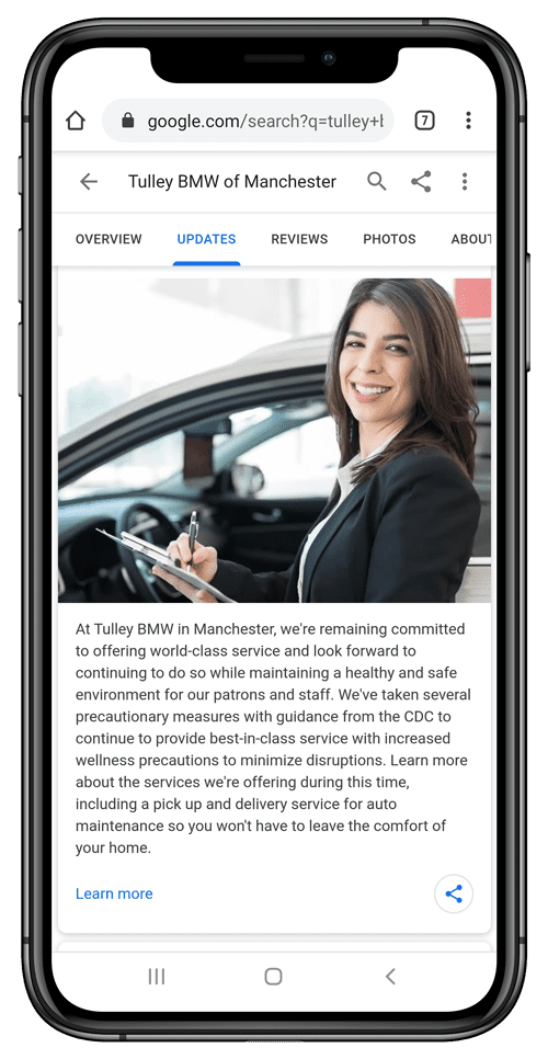 Example of a car dealership using Google Posts providing a Coronavirus update