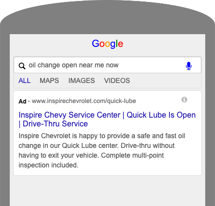 Google Ad for Oil Change Open Near Me Now